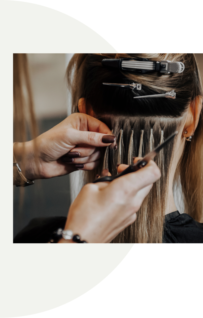 women getting hair colored with half circle graphic